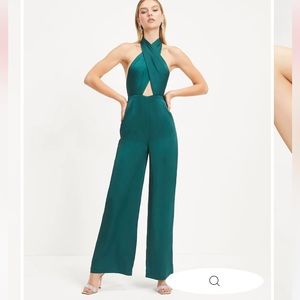 VICI Selena satin criss cross halter jumpsuit-hunter green-medium
